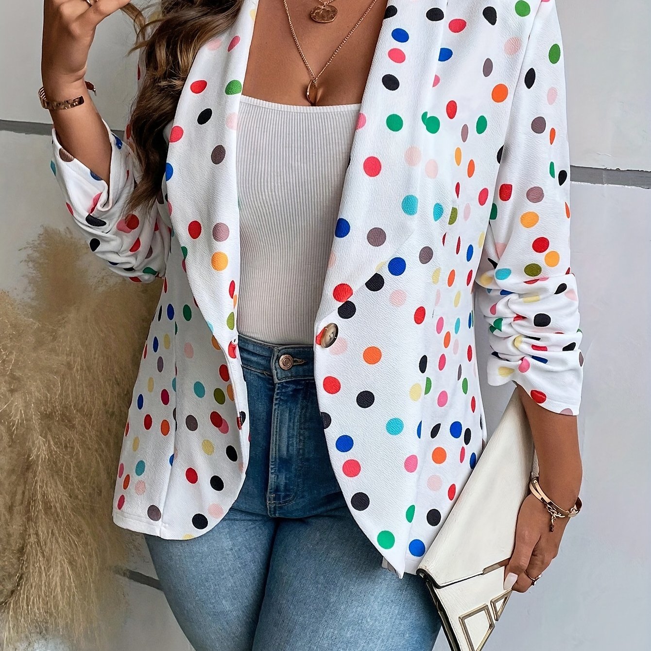 Plus Size Polka Dot Pattern Button Blazer, Elegant Long Sleeve Blazer For Office & Work, Women's Plus Size Clothing