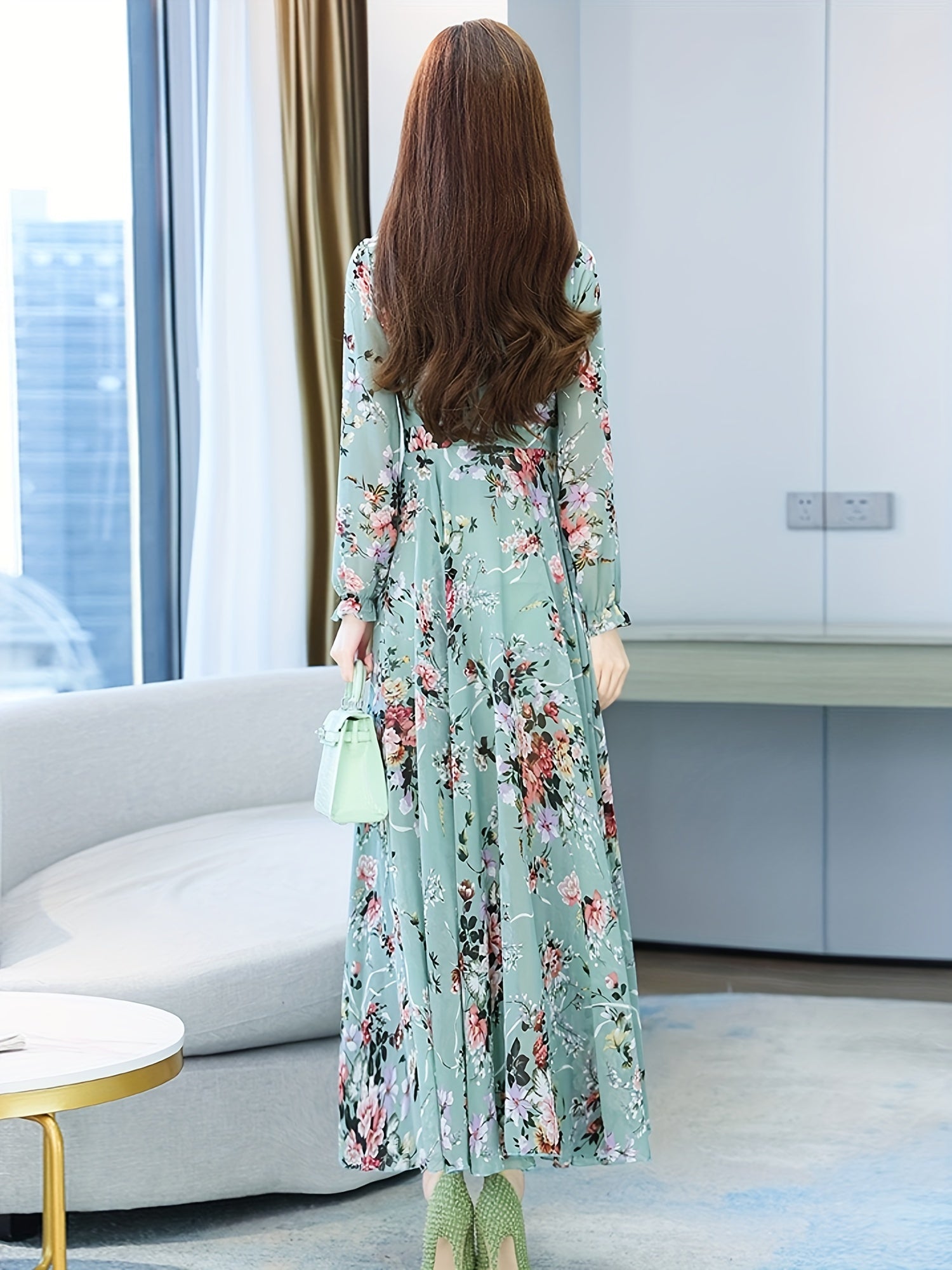 Elegant Floral Maxi Dress for Women - Vintage Long Sleeve, Bohemian Beach Party Gown with V-Neck, Non-Sheer Polyester - For Women - Perfect for Summer Parties, Beach Vacations & Festivals - Ideal Gift for Her