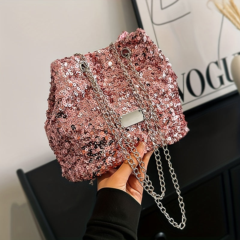 Fashion Sequins Popular Niche Design Sequin Bags Creative And Simple New Women's Bags Personality Chain Shoulder Diagonal Cross-body Bucket Bags Creative Sequin Simple Bags