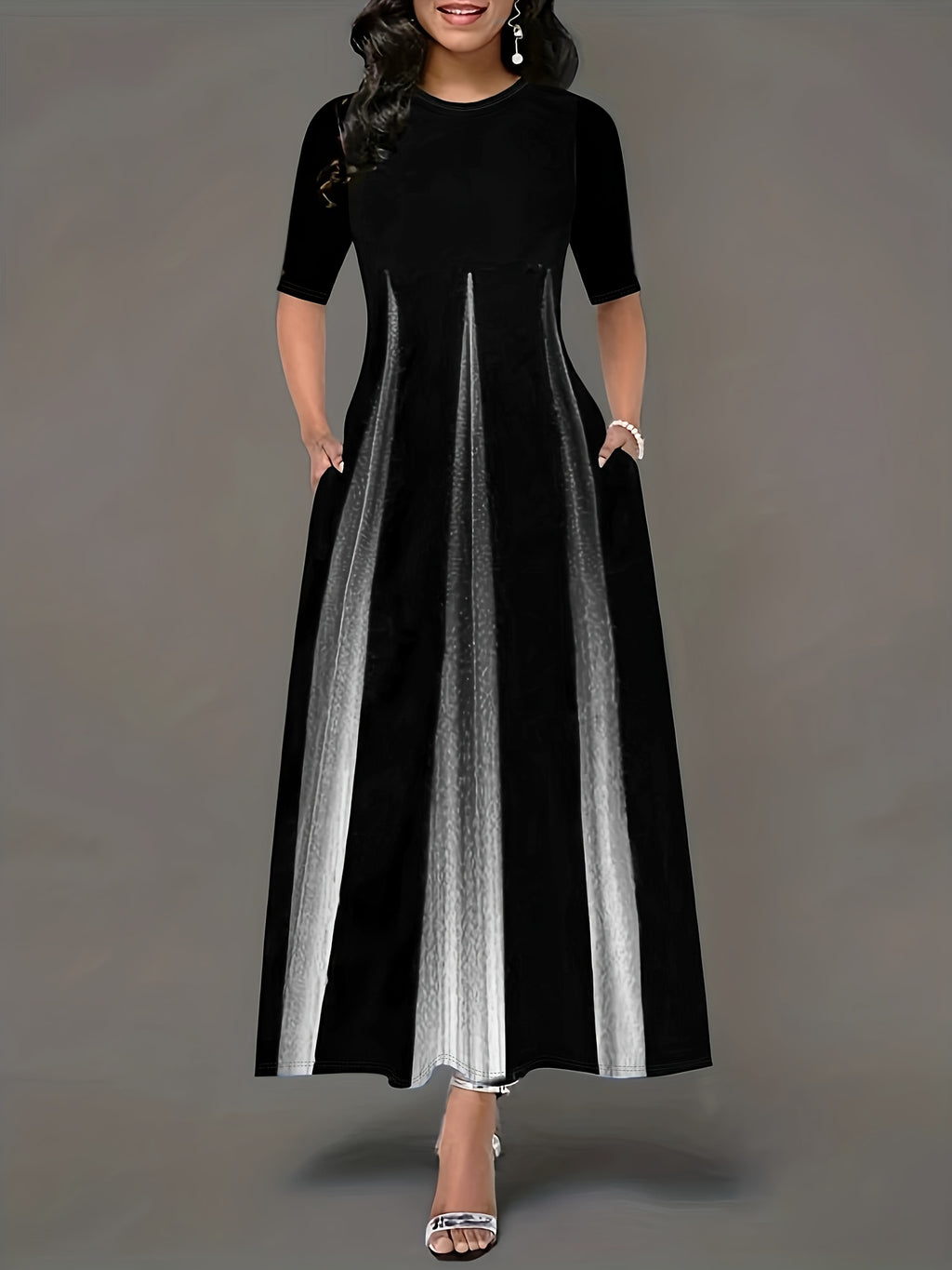 Eye-Catching Graphic Print Vintage Maxi Dress - Timeless Crew Neckline, Short Sleeves - Fashionable Womens Clothing, Flowy Maxi Length, Vintage-Inspired Design
