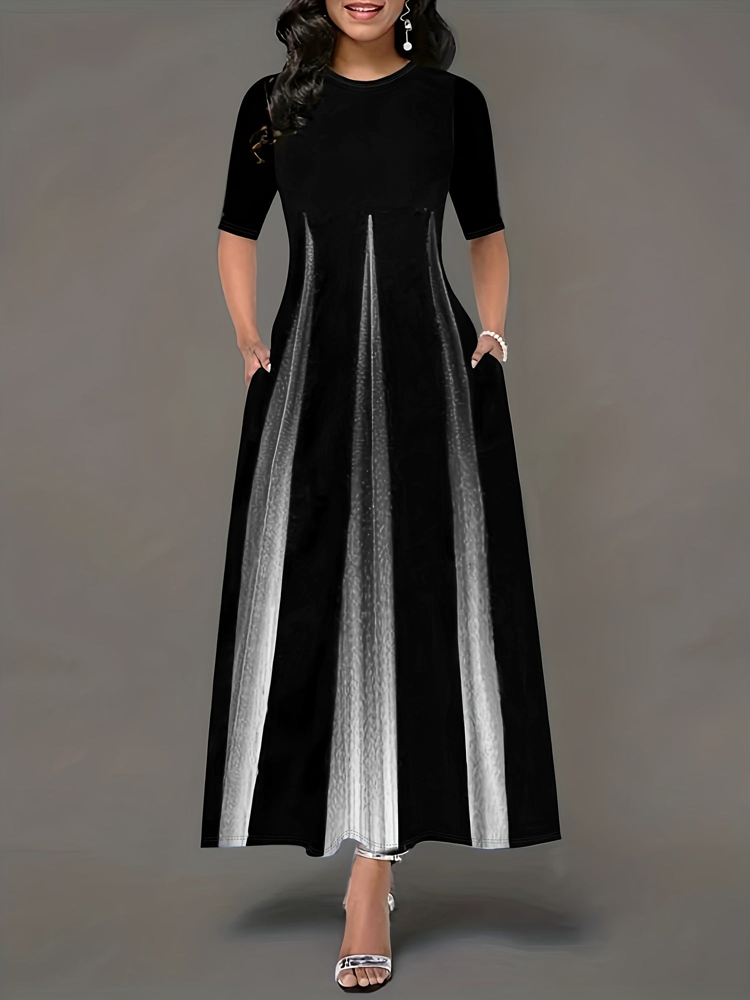 Eye-Catching Graphic Print Vintage Maxi Dress - Timeless Crew Neckline, Short Sleeves - Fashionable Womens Clothing, Flowy Maxi Length, Vintage-Inspired Design