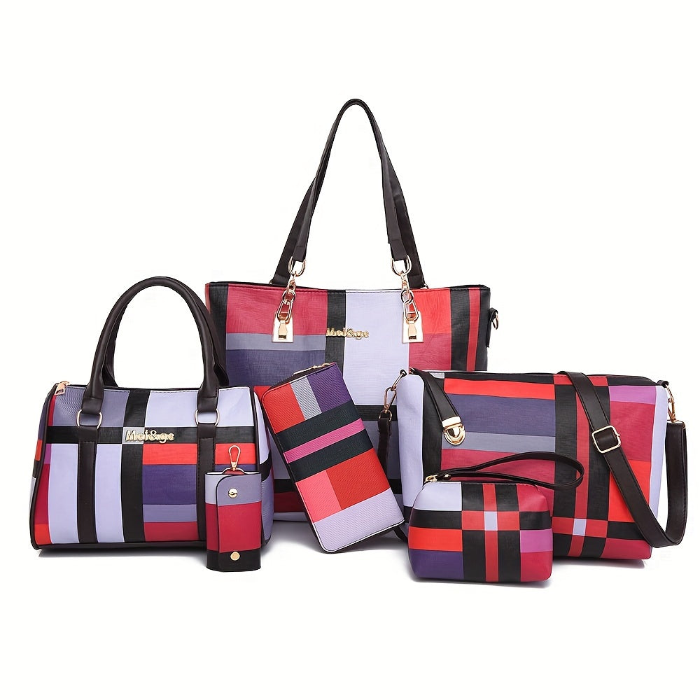 Chic 6-Piece Checkered Handbag Set for Women - Durable Faux Leather Tote, Crossbody & Shoulder Bags - Versatile Style for Everyday Use