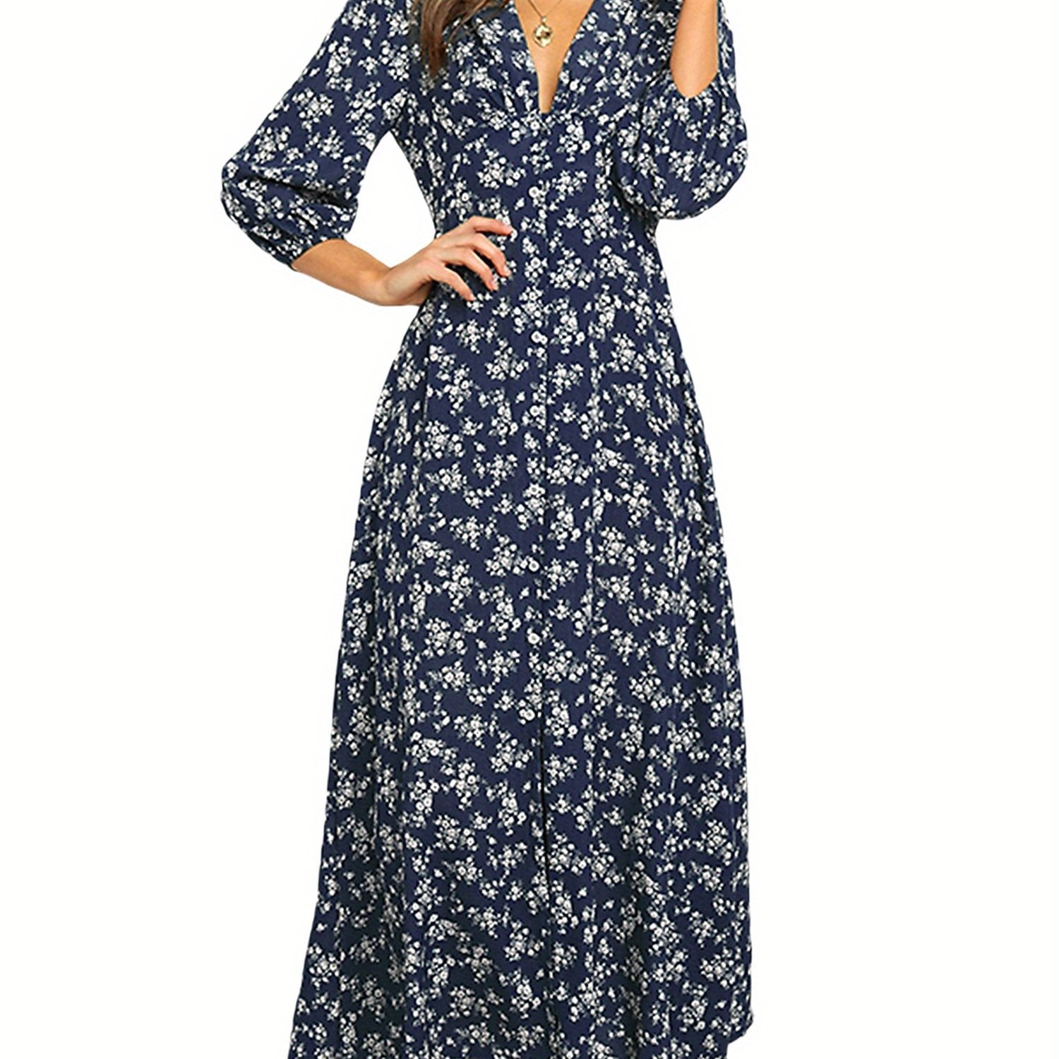 Women 3/4 Sleeve Maxi Dress Button-Down Floral Print Dress V-Neck Casual High Waist Boho Dress