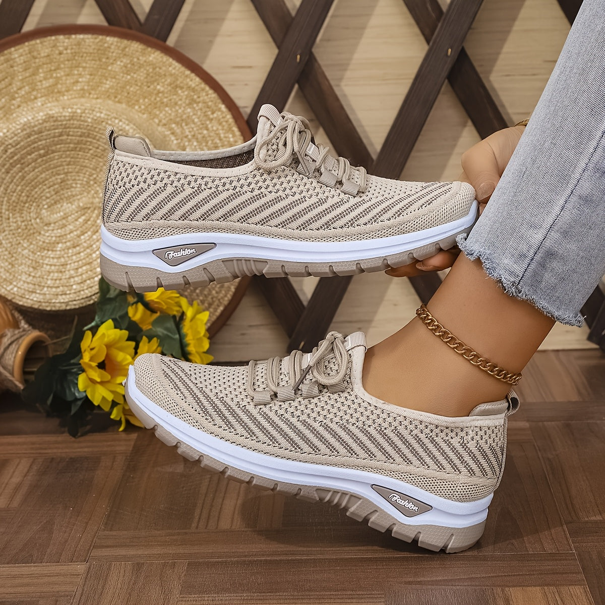 Women'S Breathable Casual Sports Shoes, Knitted Striped Pattern Lace-Up Comfortable Travel Sneakers, Outdoor Anti-Slip Lightweight Walking Beach Vacation Tennis Shoes, Women'S Sneaker, High Cut Shoe Without Lace, Aerobics Dan