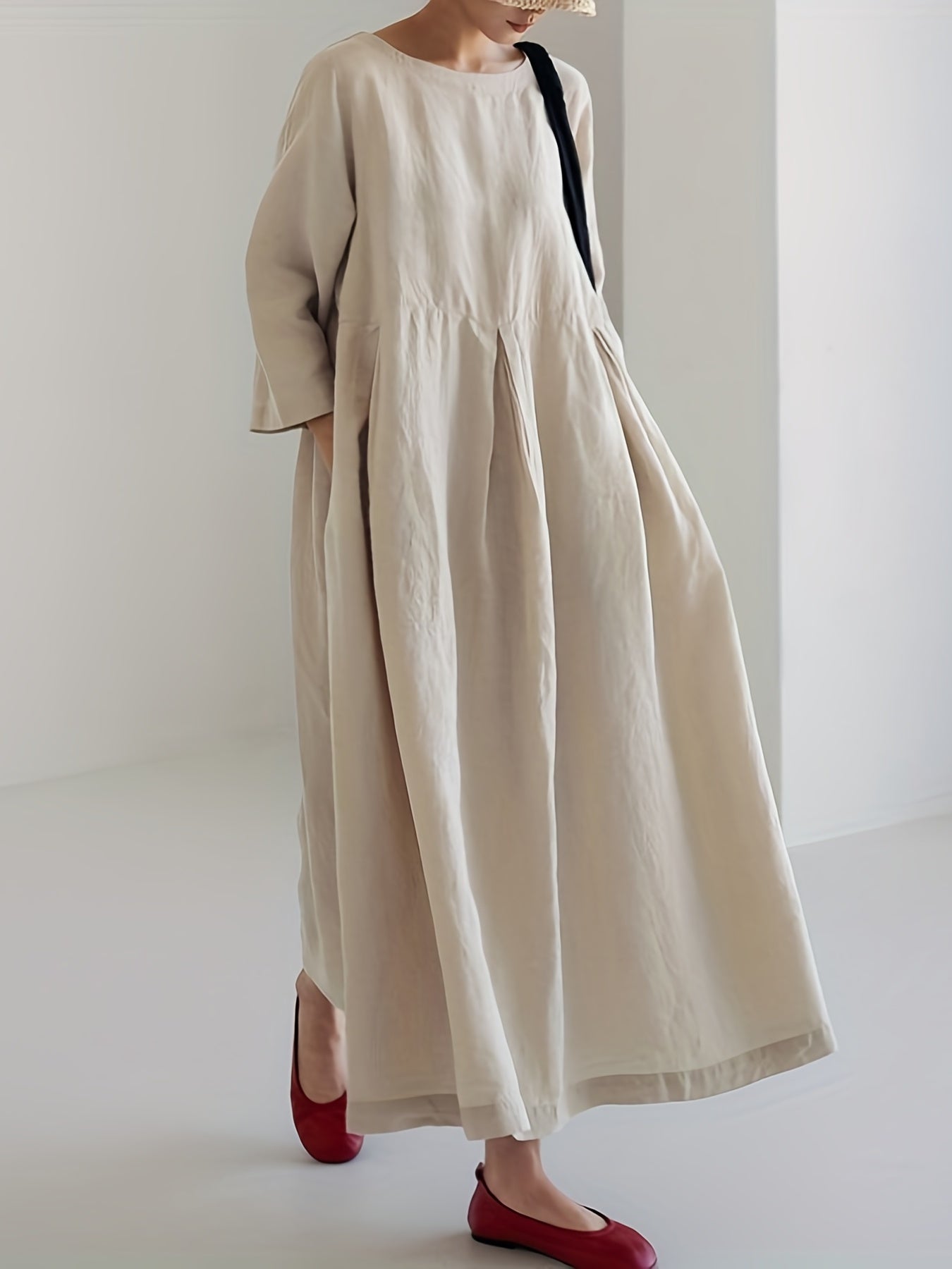 Chic Solid Maxi Dress with Pleated Hem - Flattering 3/4 Sleeves & Loose Fit - Perfect for Spring & Fall - Womens Casual Crew Neck Dress