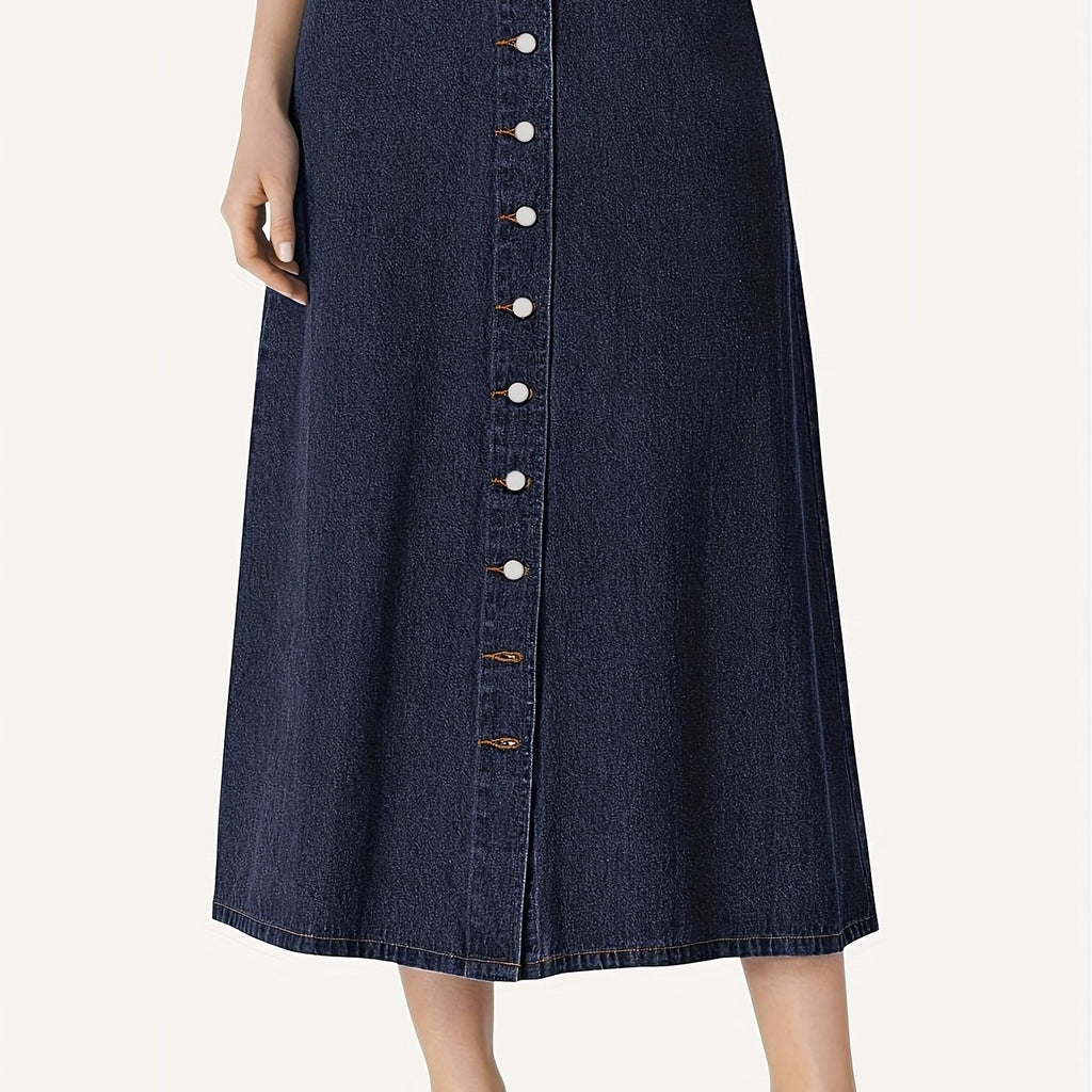 Women's Plus Size Perfect Plain Dark Washed Blue Button-Front Casual A-Line Maxi Denim Skirt