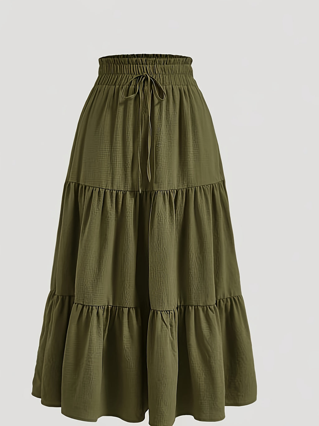 Plus Size Solid Ruched Tiered Skirt, Casual Elastic Waist Midi Skirt For Spring & Summer, Women's Plus Size Clothing