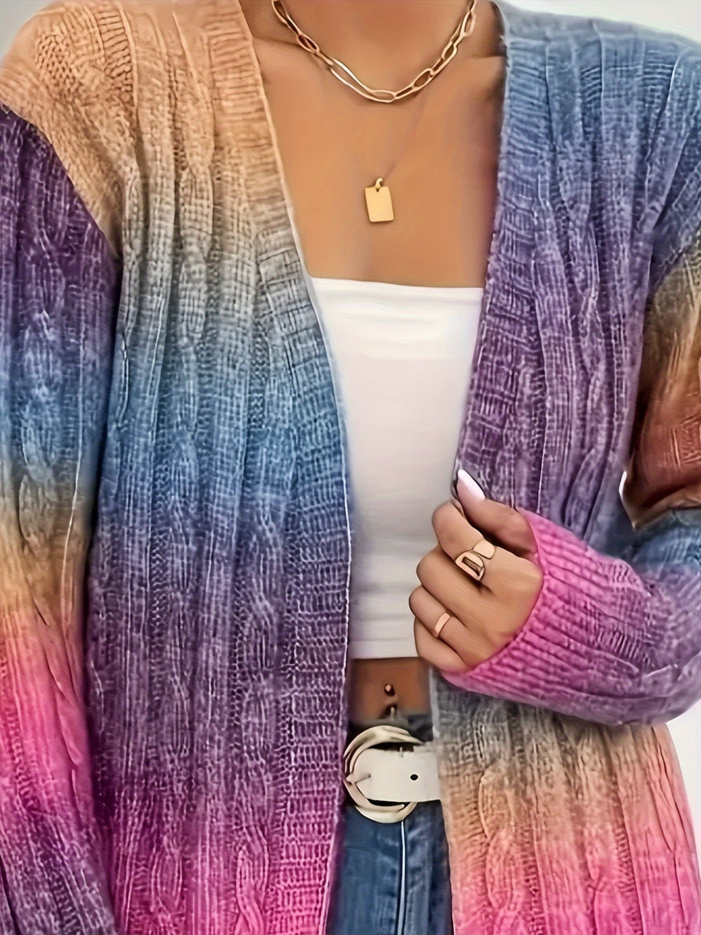 Plus Size Ombre Color Cable Knitted Cardigan, Casual Open Front Long Sleeve Cardigan For Fall & Winter, Women's Plus Size Clothing