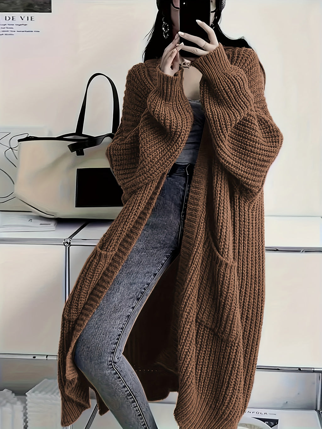 Plus Size Open Front Loose Knit Cardigan, Casual Long Sleeve Long Length Cardigan With Pocket, Women's Plus Size Clothing