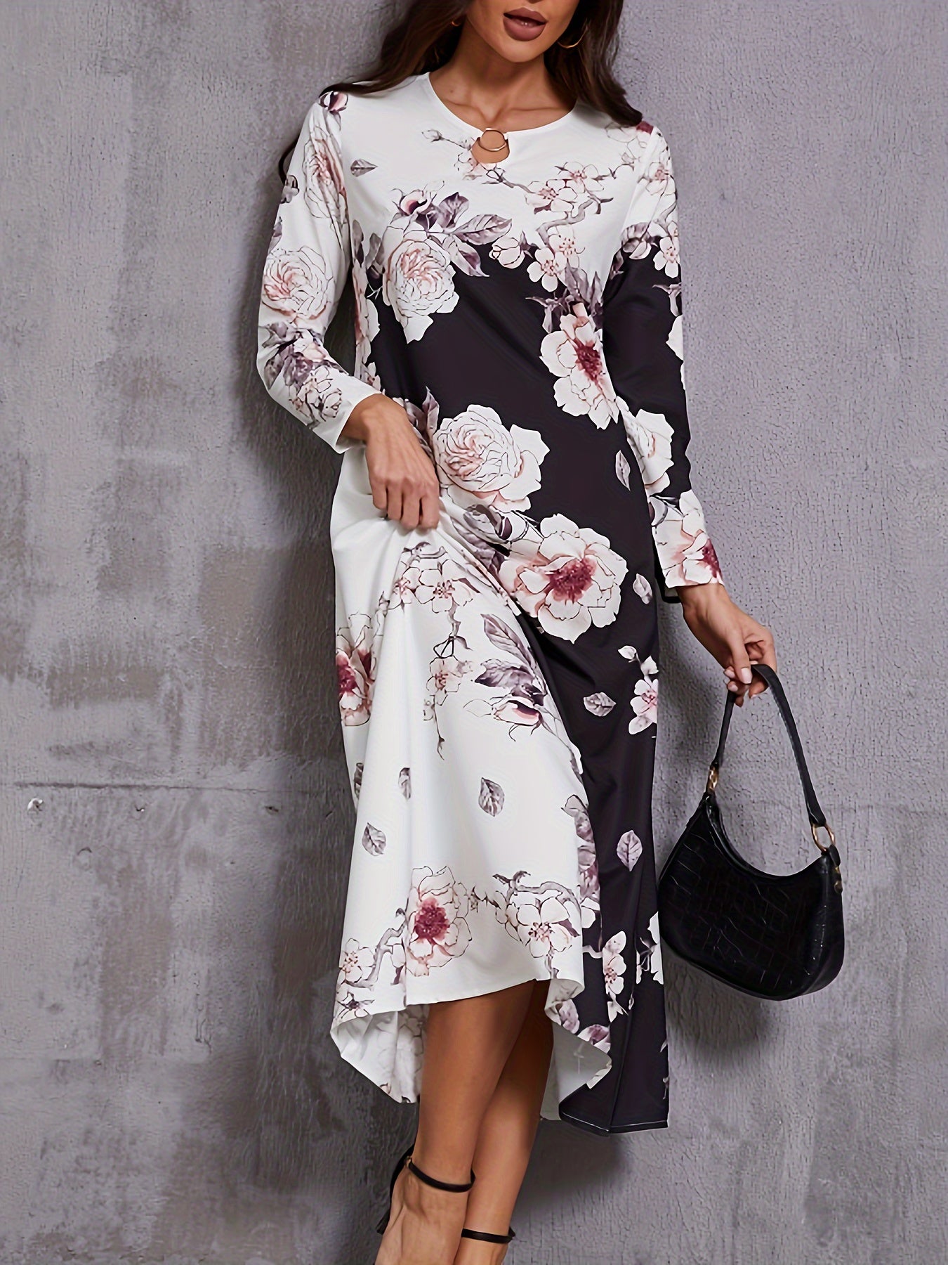 Floral Print Keyhole Dress, Elegant Long Sleeve Crew Neck Maxi Dress, Women's Clothing