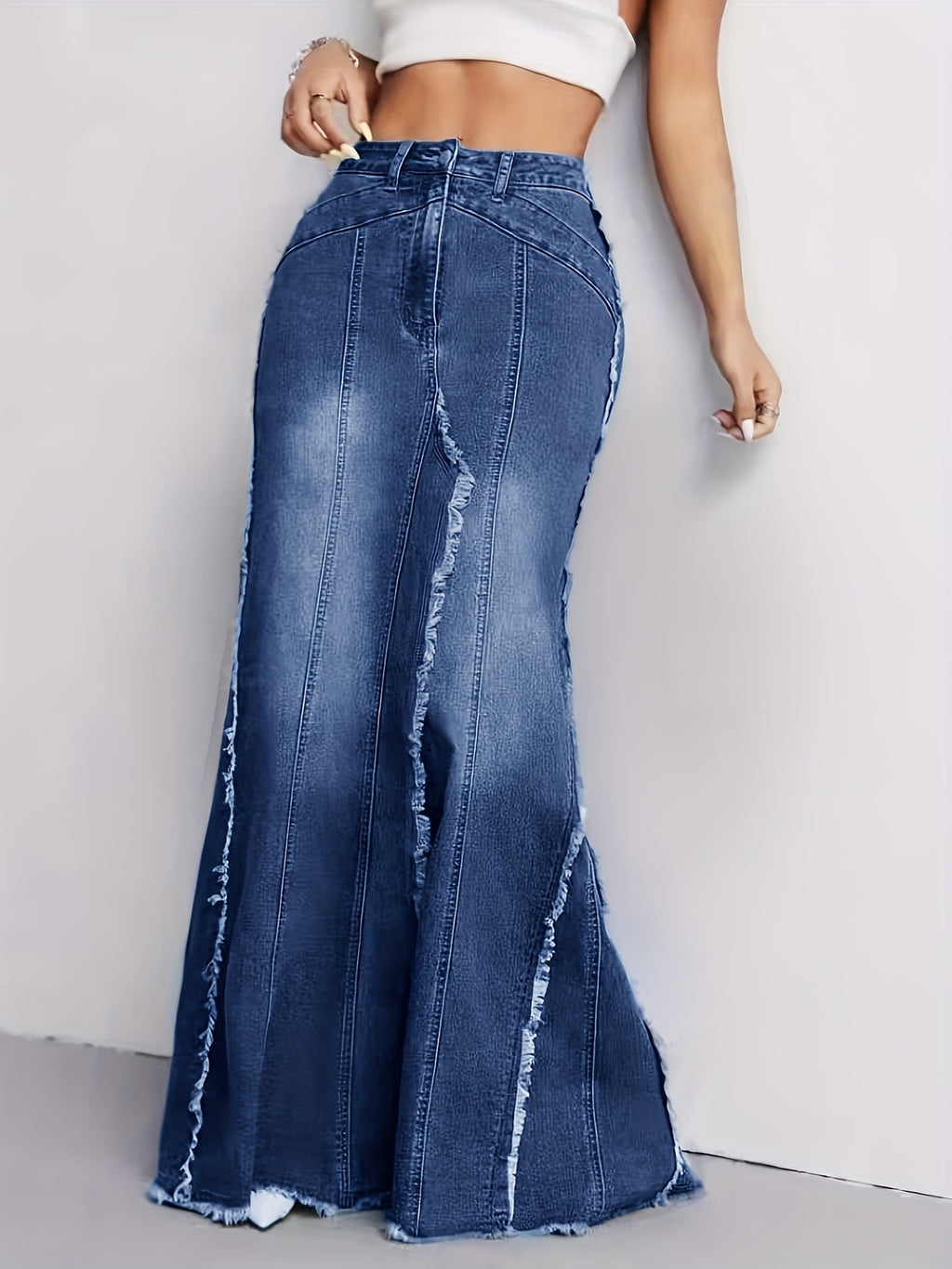 Raw Hem Washed Blue Stylish Stretchy Maxi Trumpet Denim Skirt, Women's Denim Jeans & Clothing