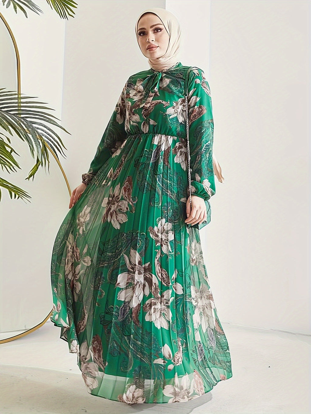 [Modest Kaftan Dress] Modest Long Sleeve Floral Print Kaftan Dress | Women's Pleated Flowy Maxi Dress, Clothing