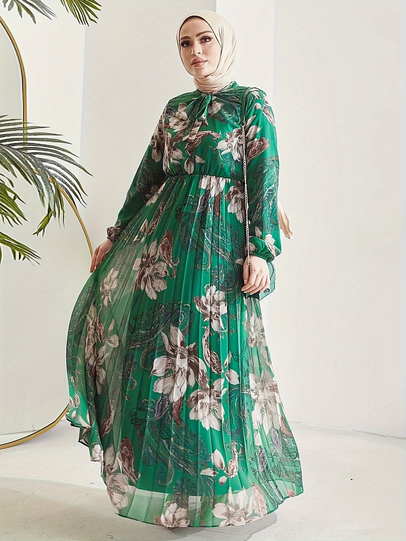 [Modest Kaftan Dress] Modest Long Sleeve Floral Print Kaftan Dress | Women's Pleated Flowy Maxi Dress, Clothing