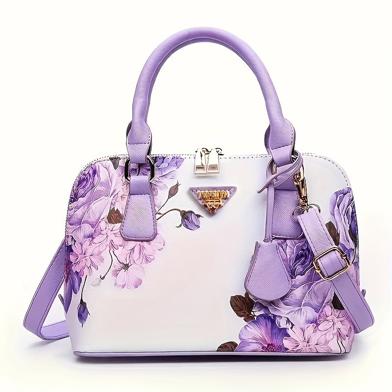Stylish Floral Print Boston Bag - Spacious Top Handle Crossbody Handbag with Adjustable Shoulder Strap, Elegant Women's Fashion Purse for Daily Use