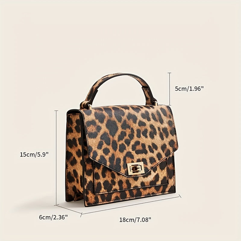Leopard Print Handbag, Vintage Square Clutch Purse, Women's PU Leather Satchel Bag For Prom