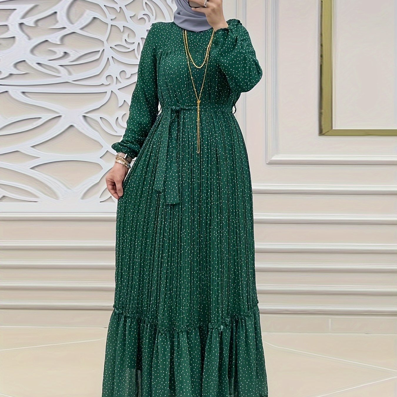 Stunning Polka Dot Maxi Dress - Elegant Crew Neck, Long Sleeve, Ruffle Hem, Keyhole Back, Modest, Polyester, Woven, Random Print, Middle East Style, All Seasons, Non-Sheer