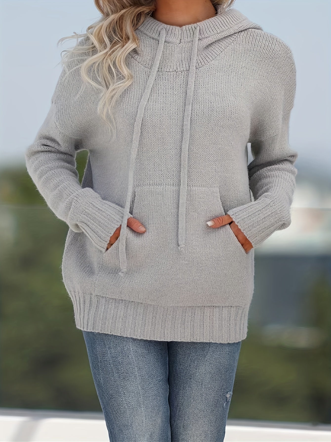 Plus Size Kangaroo Pocket Knitted Sweater, Casual Hooded Long Sleeve Sweater For Fall & Winter, Women's Plus Size Clothing