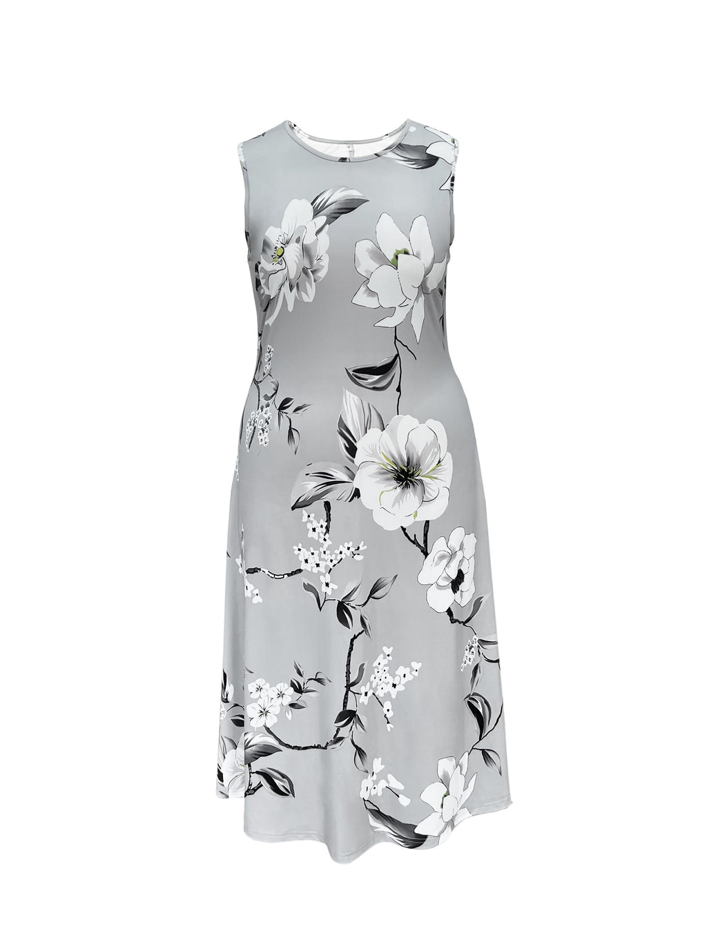 Plus Size Floral Chic Two-Piece Outfit - Crew Neck Tank Dress & 3/4 Sleeve Open Front Top - Comfortable, Relaxed Fit, Versatile, Women's Plus Size Clothing for Summer, Vacation, and Daily Wear