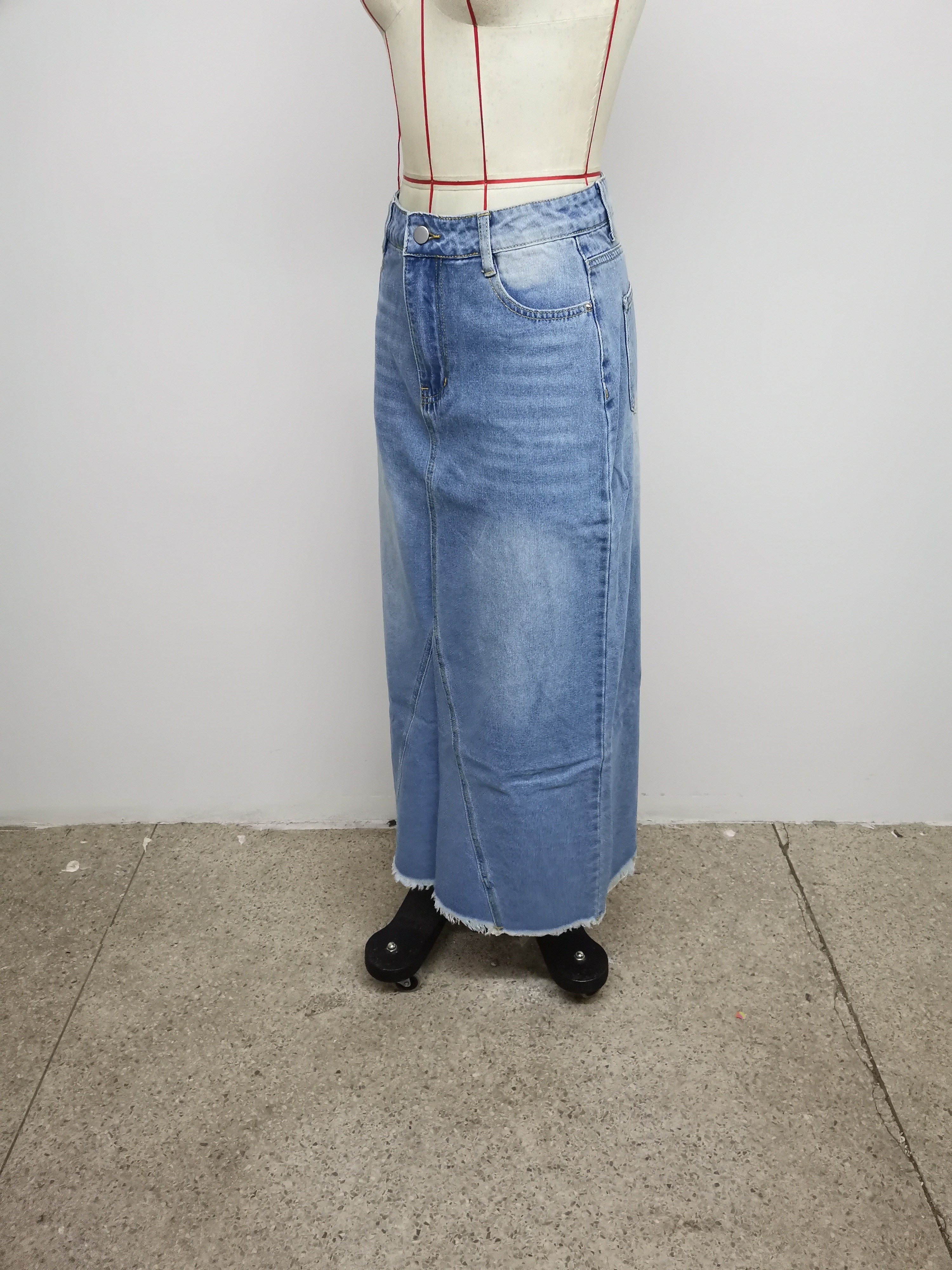 Raw Hem Slash Pocket Maxi Denim Skirt, Plain Washed Blue Whiskering Denim Skirt, Women's Denim Jeans & Clothing
