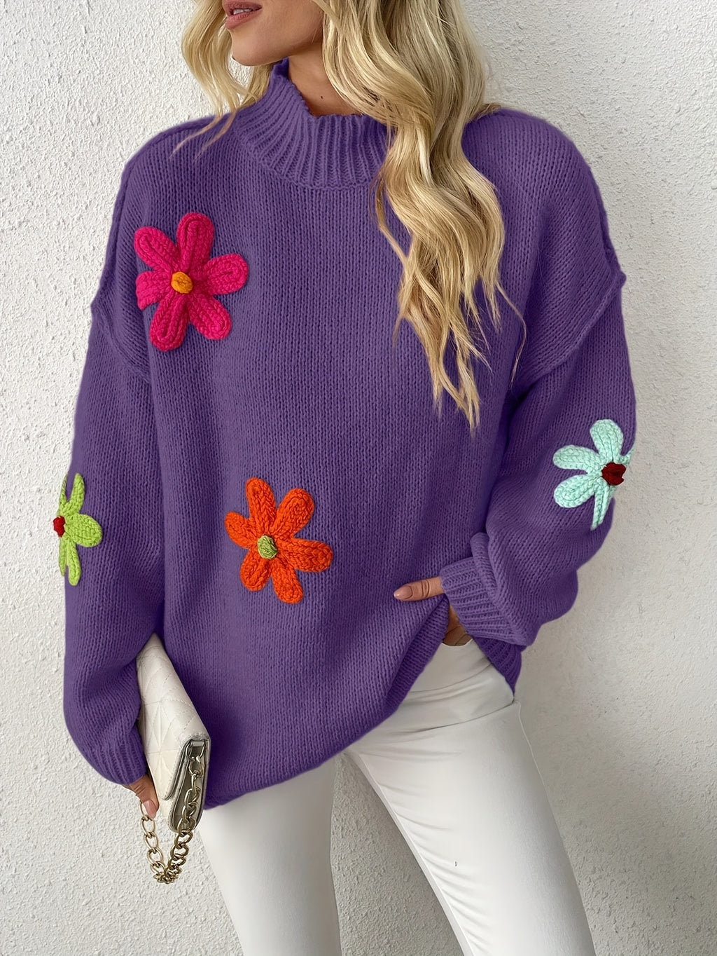 Plus Size Floral Applique Knit Sweater, Casual Long Sleeve High Neck Top For Fall & Winter, Women's Plus Size Clothing