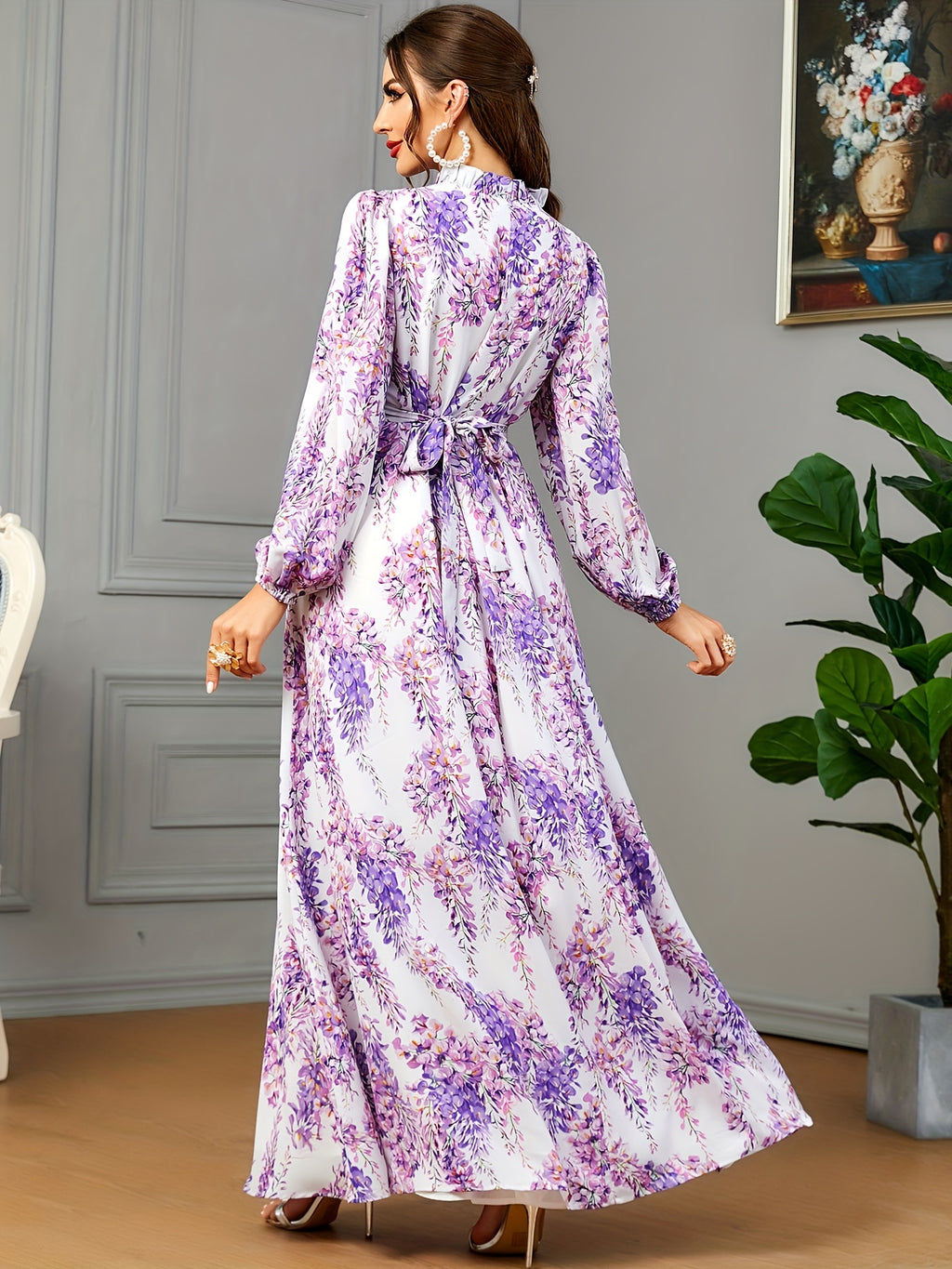 Ramadan Chic - Floral Print Tie Neck Kaftan Abayas - Adjustable Belted Maxi Dress with Full-Length Sleeves - Elegant Womens Ramadan Clothing