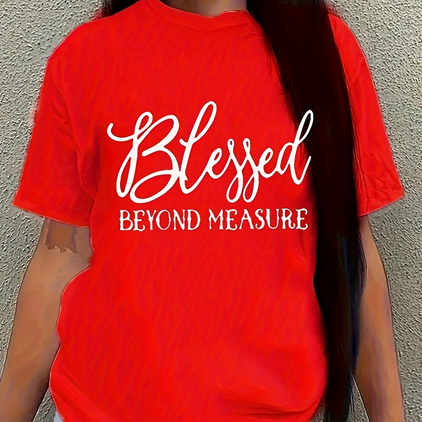 Plus Size Blessed Letter Print T-shirt, Short Sleeve Crew Neck Casual Top For Summer & Spring, Women's Plus Size Clothing