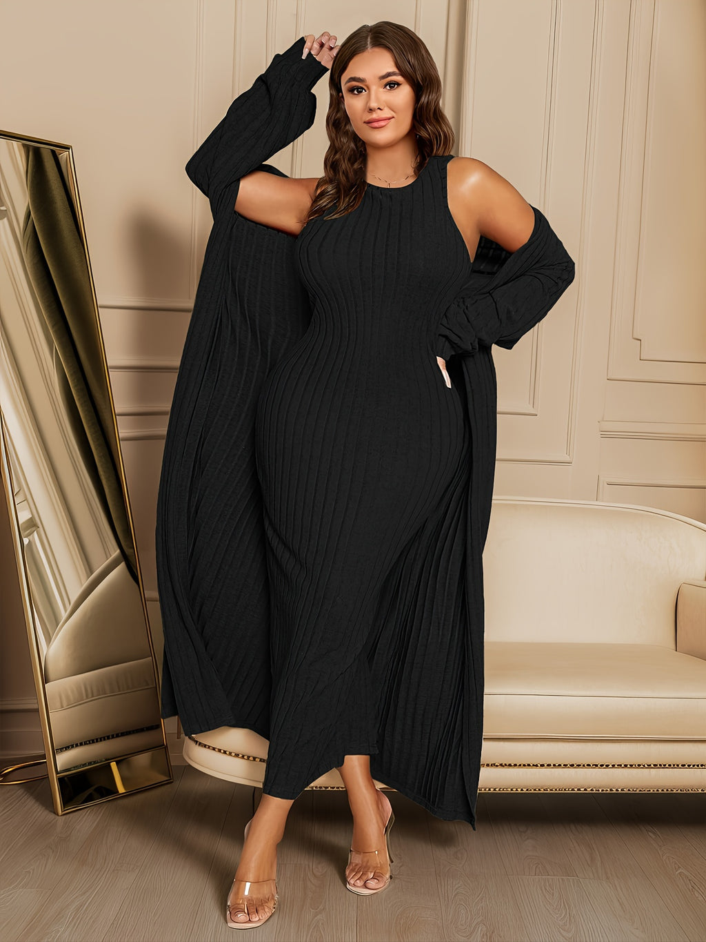 Plus Size Ribbed Chic Two-Piece Set - Long Sleeve Open Front Cardigan, Sleeveless Dress Outfits, Soft Stretchy Fabric, Flattering Fit, Women's Plus Size Clothing for Curvy Figures