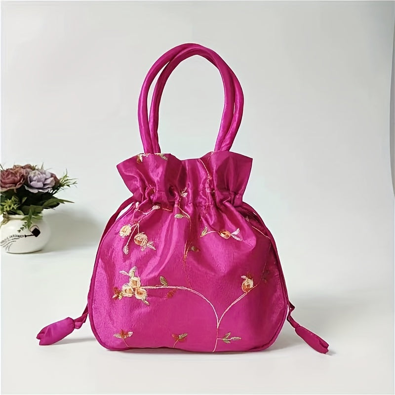 1pc Elegant Floral Clutch for Wo/Chic Drawstring Bucket Bag/Polyester Lining/Perfect for Coins & Phone/White & Pink/Cute Purse