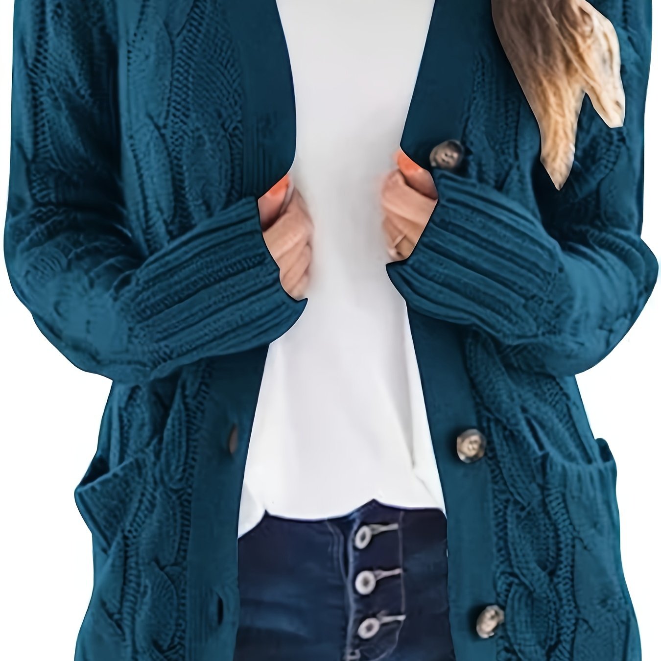 Plus Size Side Pockets Button Front Cardigans, Casual V Neck Solid Color Long Sleeve Cable Knit Cardigans Top For Winter & Fall, Women's Plus Size Clothing