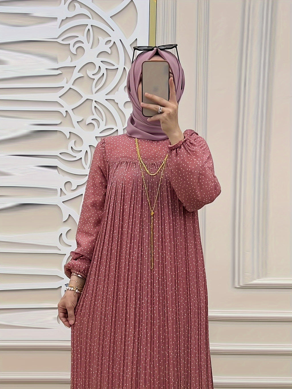 Stunning Polka Dot Maxi Dress - Elegant Crew Neck, Long Sleeve, Ruffle Hem, Keyhole Back, Modest, Polyester, Woven, Random Print, Middle East Style, All Seasons, Non-Sheer
