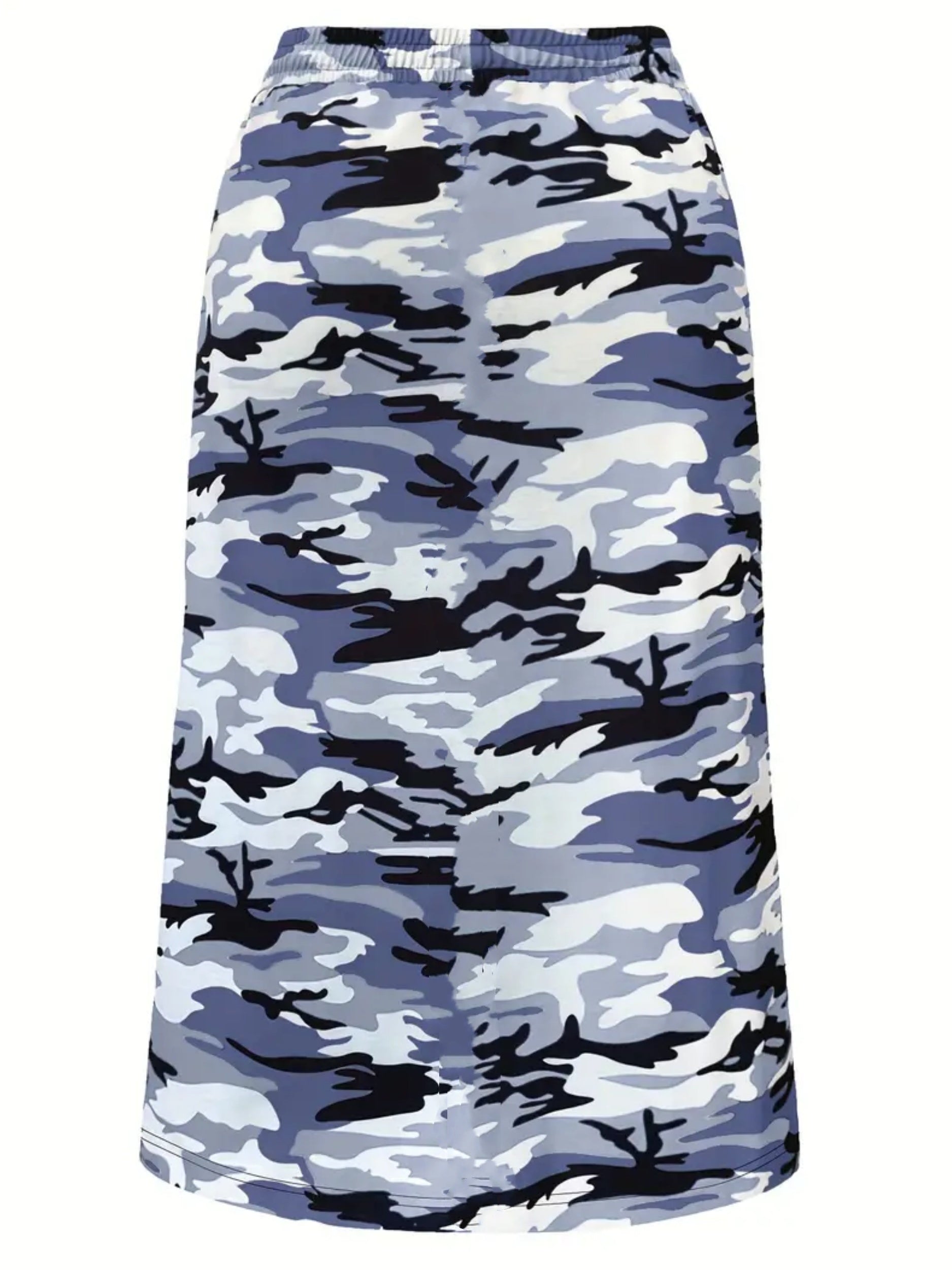 Plus Size Camo Print Skirt, Casual Drawstring Waist Skirt For Spring & Summer, Women's Plus Size Clothing