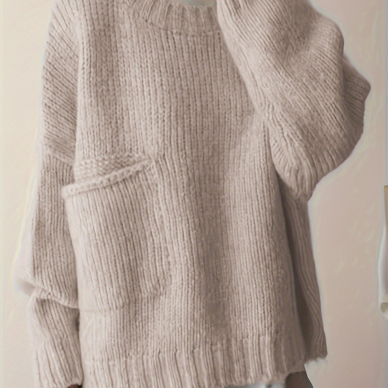 Plus Size Solid Pocket Sweater, Casual Long Sleeve Crew Neck Sweater For Fall & Winter, Women's Plus Size Clothing