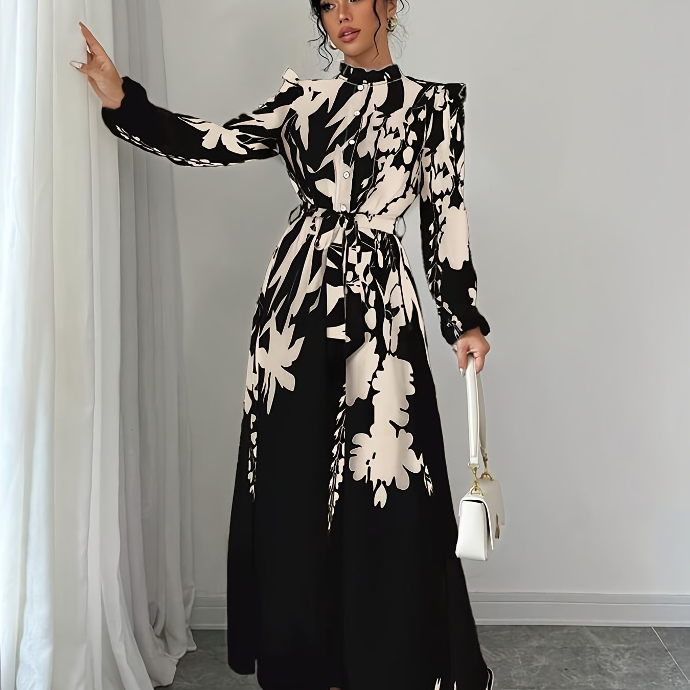 Elegant Floral Print Long Sleeve Dress with Stand Collar and Waist Detail, Polyester A-Line Maxi Dress, with Lantern Sleeves and Ruffle Hem, for Spring/Fall