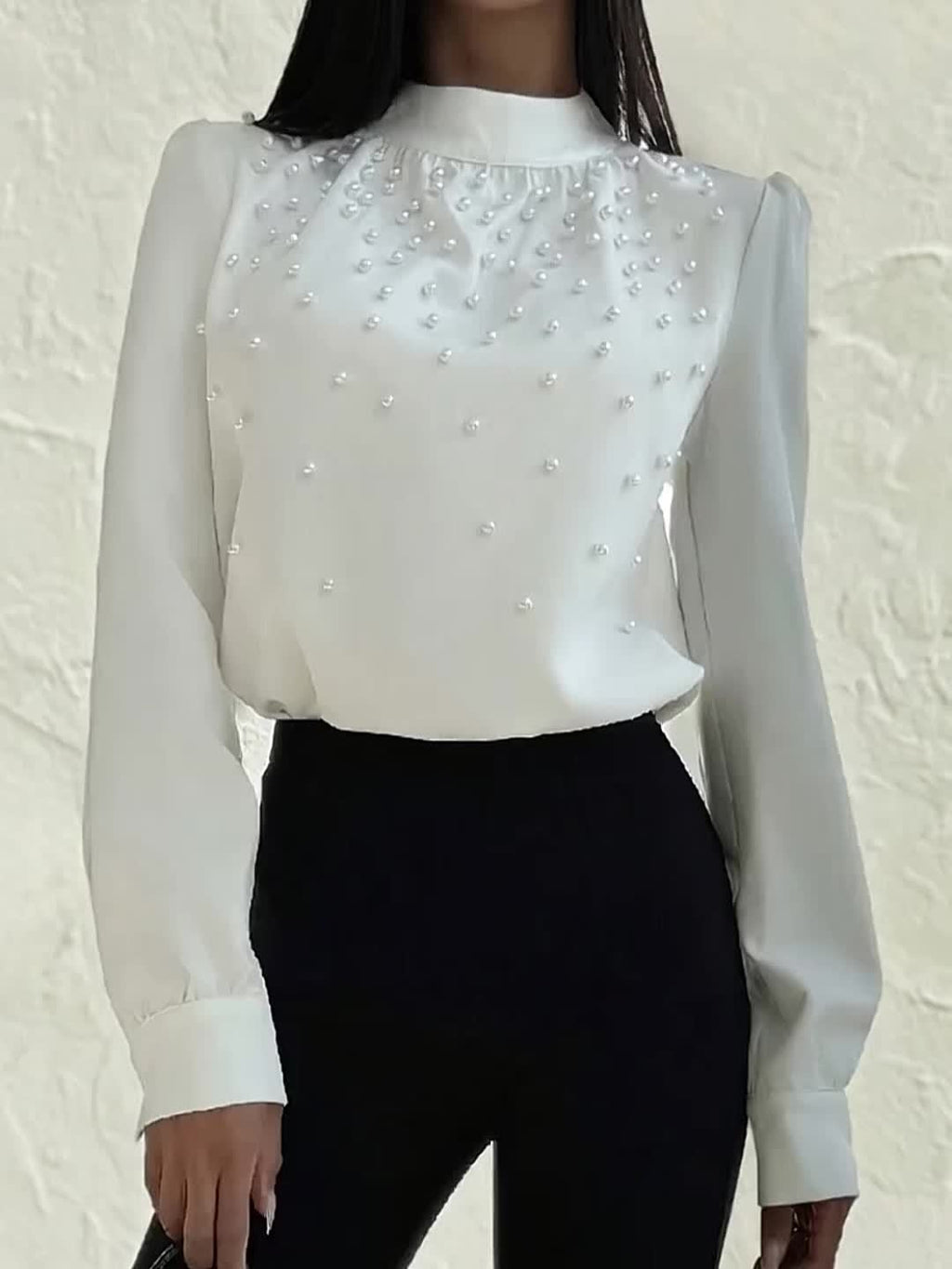 Women's Elegant -Adorned Collar Blouse - Long Sleeve White Shirt with Bead Button Front, Structured Stand Collar & Machine Washable Jacket-like Top for Weddings, Office, Parties (Spring/Fall) - Non-Stretch Adult Clothing, Blo