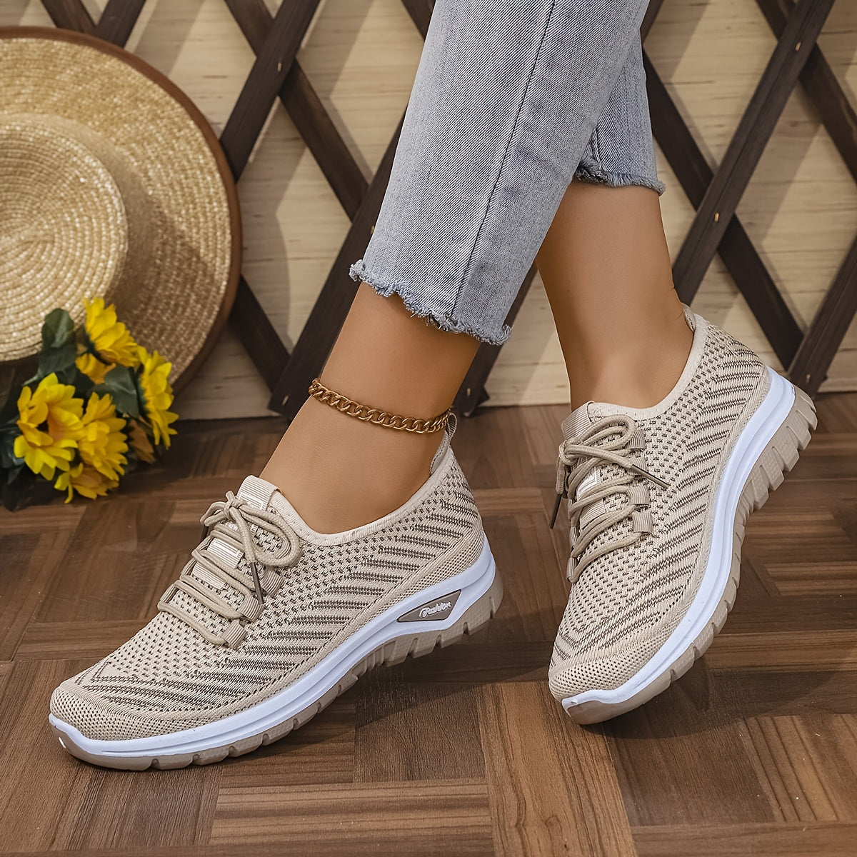 Women'S Breathable Casual Sports Shoes, Knitted Striped Pattern Lace-Up Comfortable Travel Sneakers, Outdoor Anti-Slip Lightweight Walking Beach Vacation Tennis Shoes, Women'S Sneaker, High Cut Shoe Without Lace, Aerobics Dan