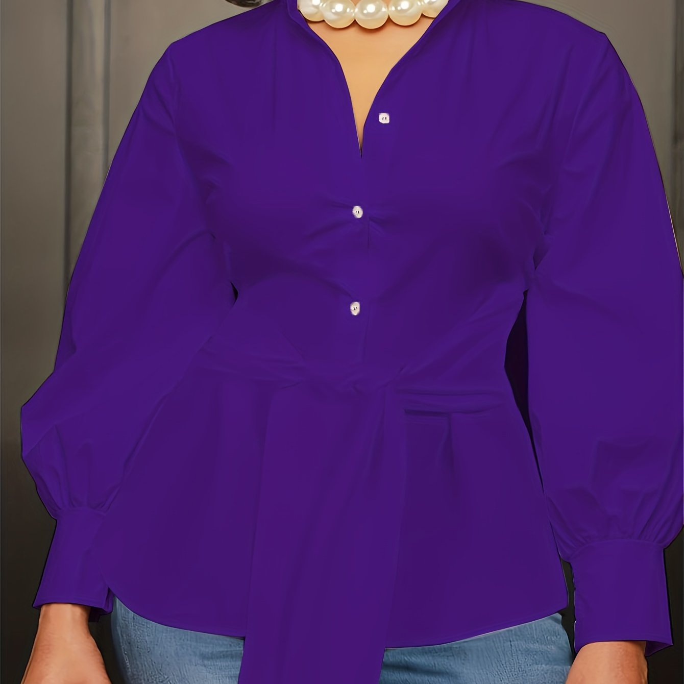 [Plus Size Solid Collar Shirt] Plus Size Solid Collared Shirt, Casual Long Sleeve Button Front Shirt, Women's Plus Size Clothing