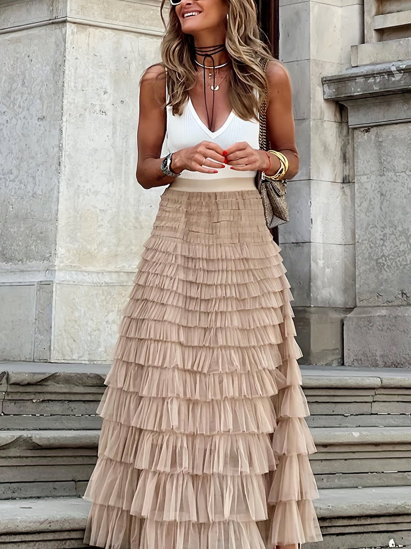 Mesh Layered Hem Skirt, Boho High Waist Skirt, Women's Clothing