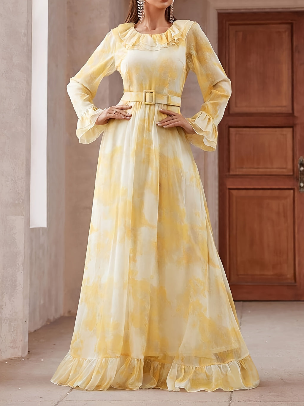 Elegant Long Sleeve Ruffle Hem Swing Maxi Dress for Women, Perfect for Spring & Fall, Flowy and Chic