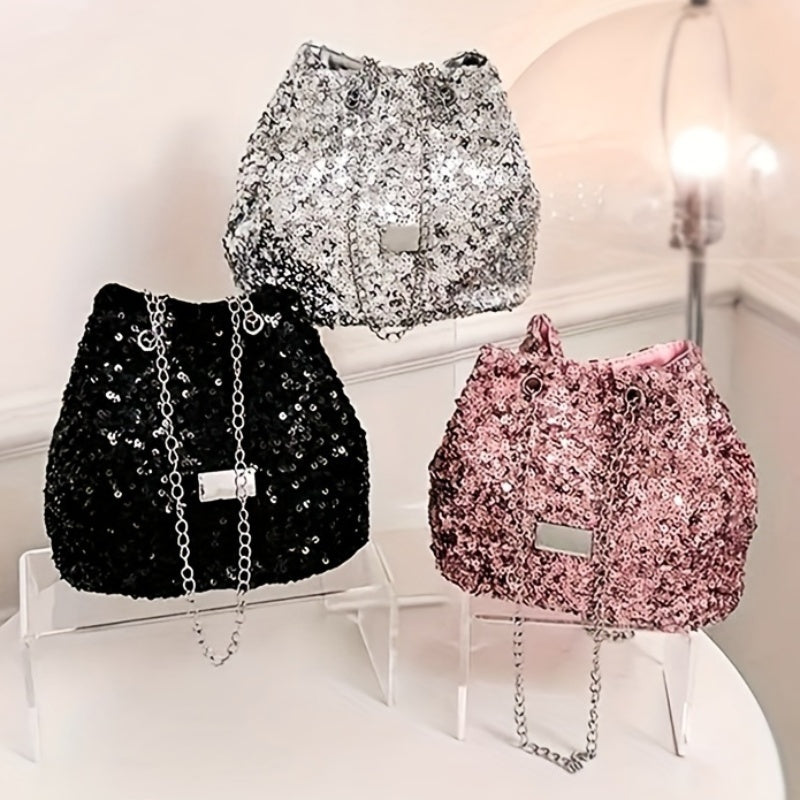 Fashion Sequins Popular Niche Design Sequin Bags Creative And Simple New Women's Bags Personality Chain Shoulder Diagonal Cross-body Bucket Bags Creative Sequin Simple Bags
