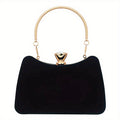 Women'S Elegant Black Luxury Evening Clutch Handbag with Golden-Tone Hardware - Structured Round Top & Chain Strap, Formal Party Purse for Special Occasions, Sophisticated Accessory, Golden-Tone Buckle Closure