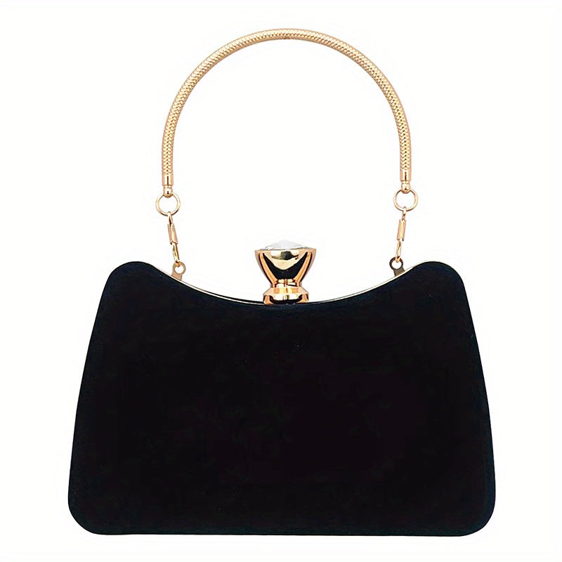 Women'S Elegant Black Luxury Evening Clutch Handbag with Golden-Tone Hardware - Structured Round Top & Chain Strap, Formal Party Purse for Special Occasions, Sophisticated Accessory, Golden-Tone Buckle Closure