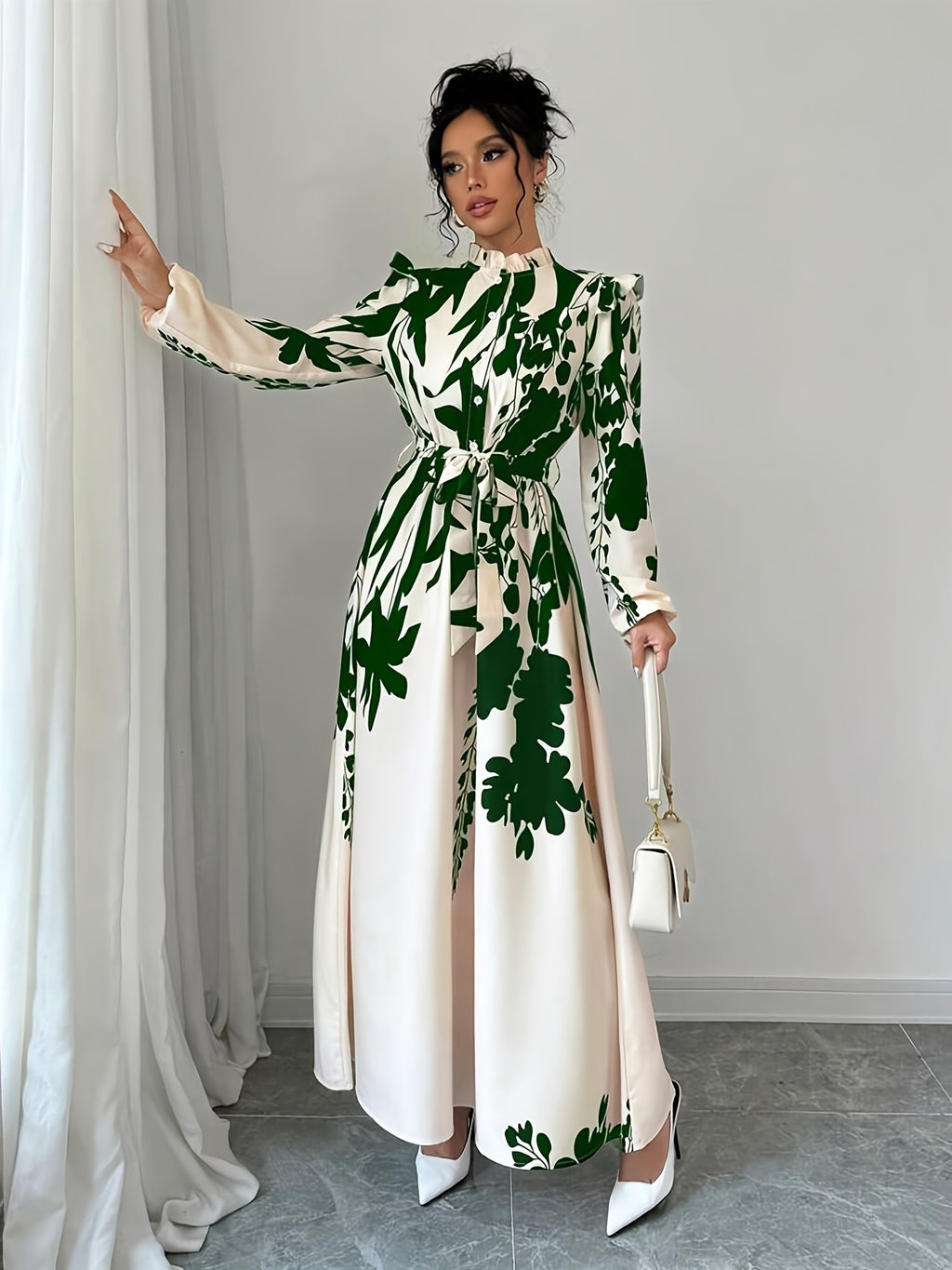 Elegant Floral Print Long Sleeve Dress with Stand Collar and Waist Detail, Polyester A-Line Maxi Dress, with Lantern Sleeves and Ruffle Hem, for Spring/Fall