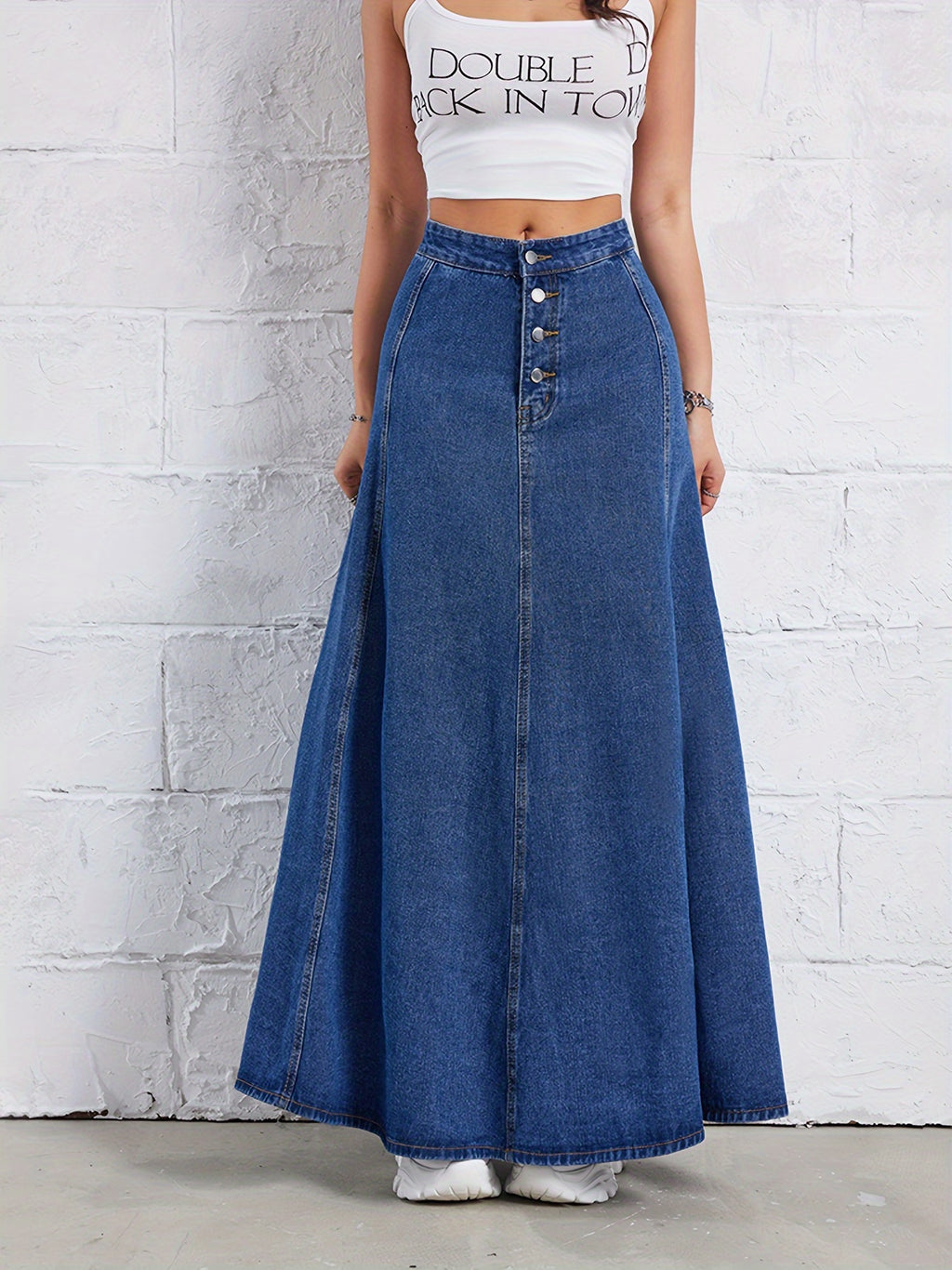 Plain Washed Blue Denim Skirt, Elegant High Rise Maxi Denim Skirt, Women's Denim Jeans & Clothing