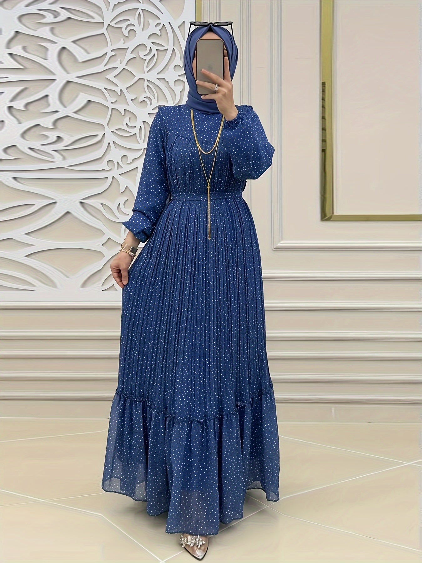 Stunning Polka Dot Maxi Dress - Elegant Crew Neck, Long Sleeve, Ruffle Hem, Keyhole Back, Modest, Polyester, Woven, Random Print, Middle East Style, All Seasons, Non-Sheer