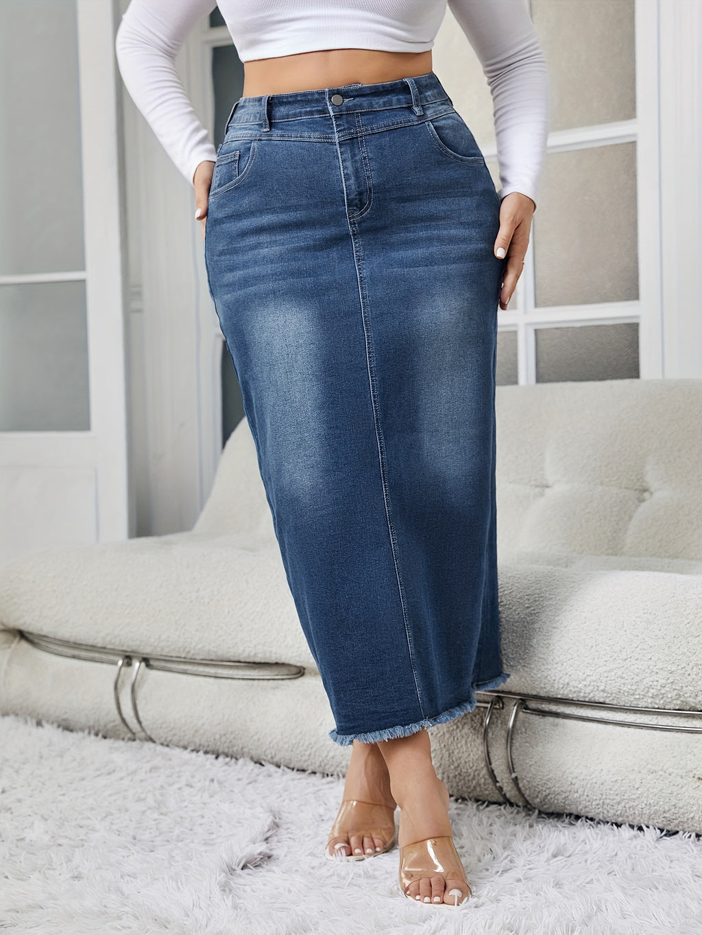 Women's Elegant Denim Skirt, Plus Size Washed Raw Trim Button Fly High Rise High Stretch Midi Denim Skirt