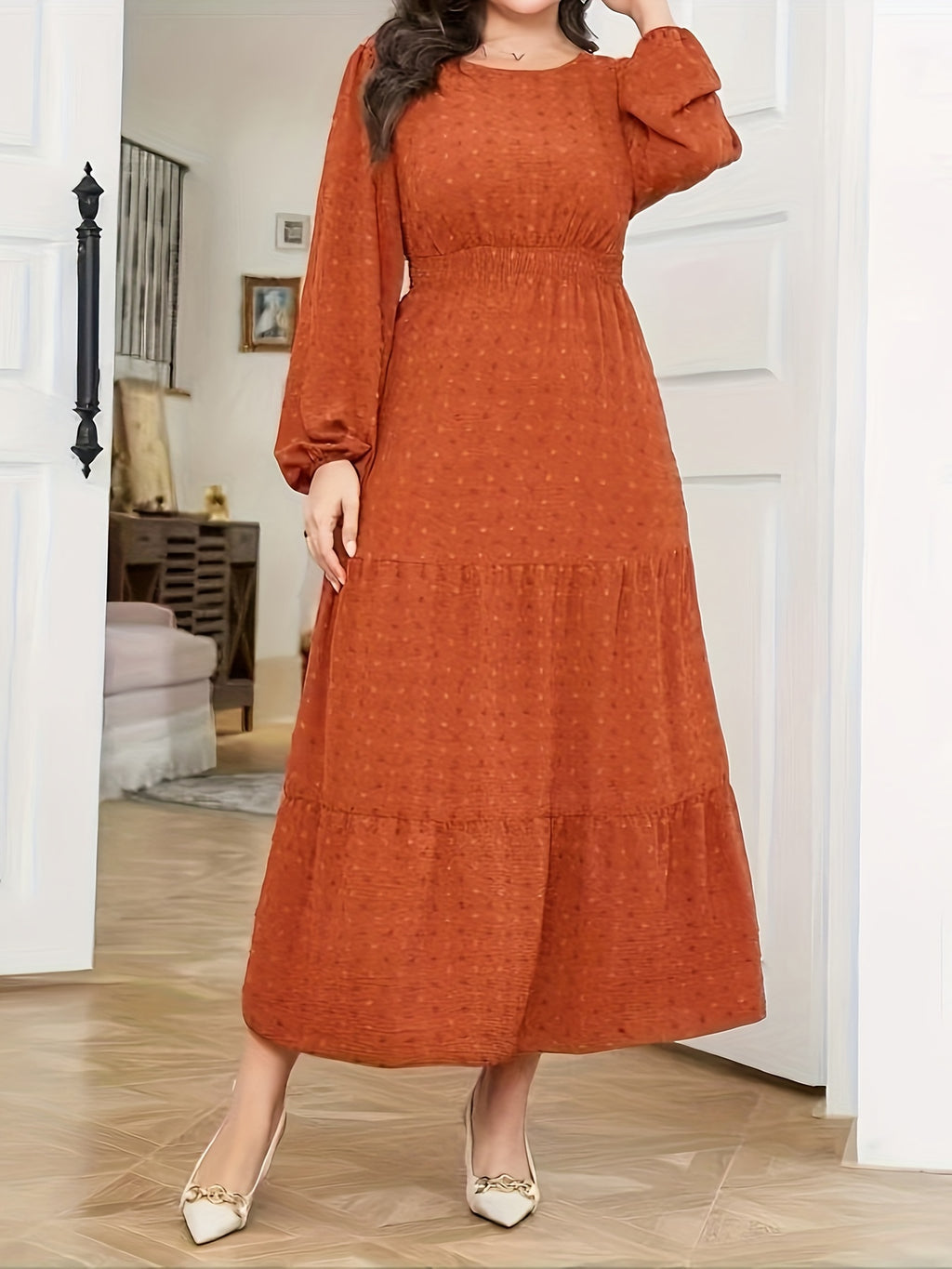 High Waist Tiered Dress, Elegant Solid Long Sleeve Maxi Dress, Women's Clothing