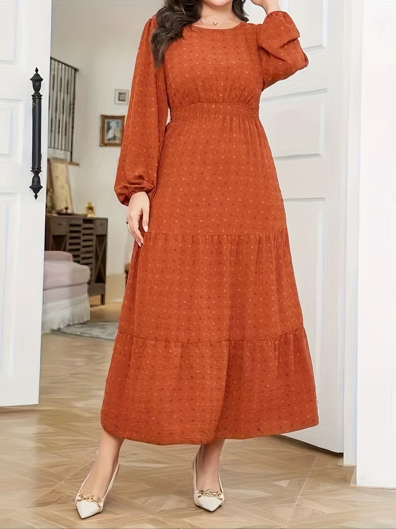 High Waist Tiered Dress, Elegant Solid Long Sleeve Maxi Dress, Women's Clothing