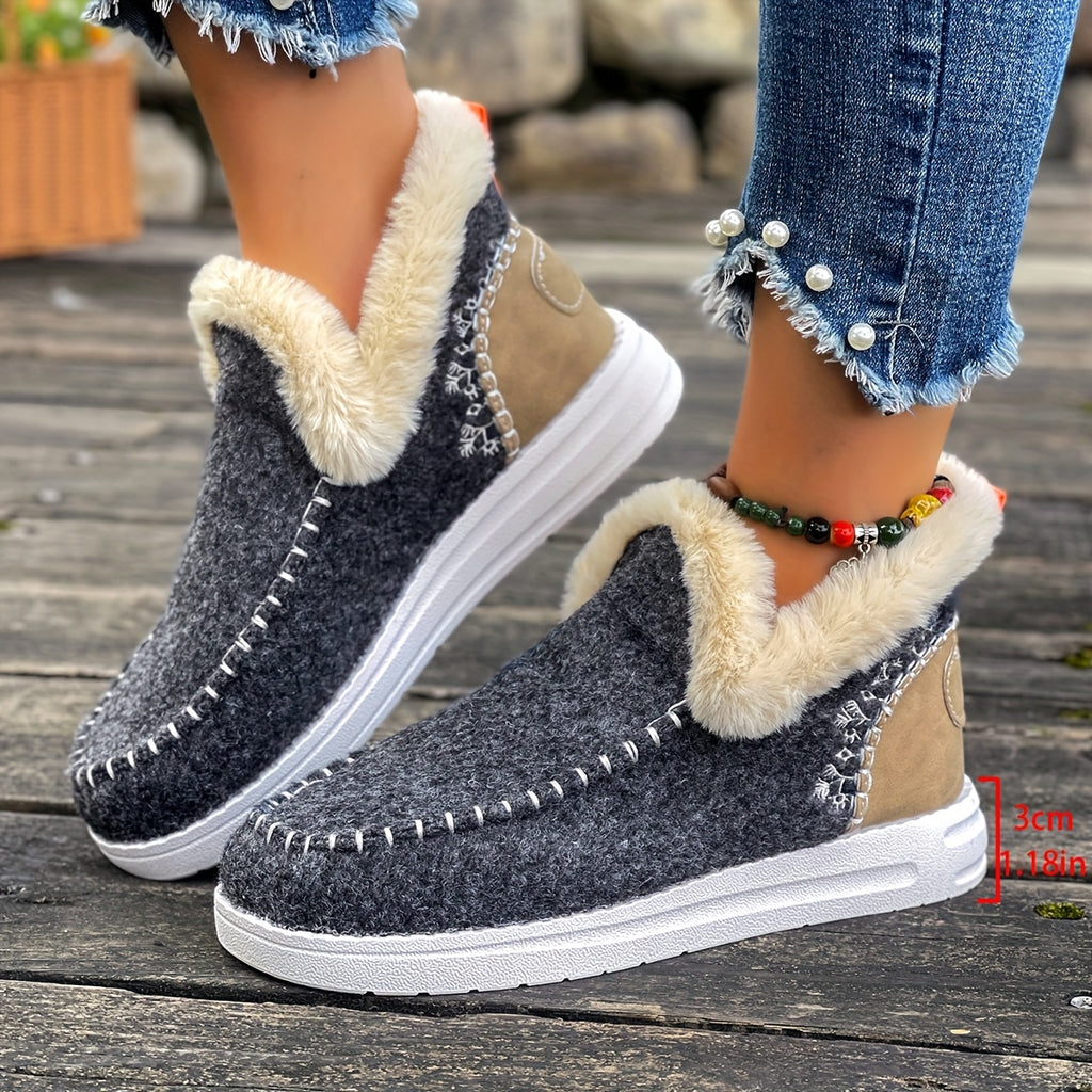 Women'S  Cozy Plush Slip-On Snow Boots with Soft Rubber Sole - Lightweight Warm Winter Boots with Cushioned Insole, Round Toe & Arch Support, Casual Outdoor Shoes for Cold Weather, Black & Brown (Canvas Lining) - Ide