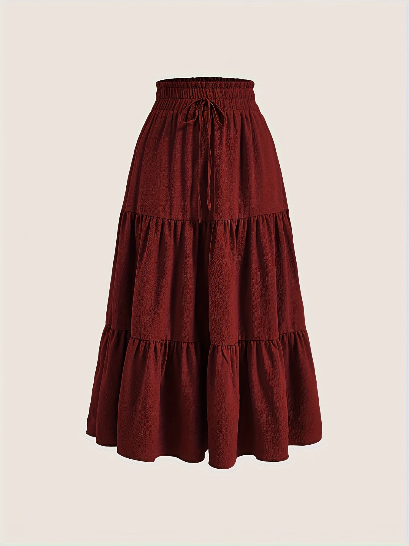 Plus Size Solid Tiered Skirt, Casual Drawstring Elastic Waist Midi Skirt, Women's Plus Size Clothing