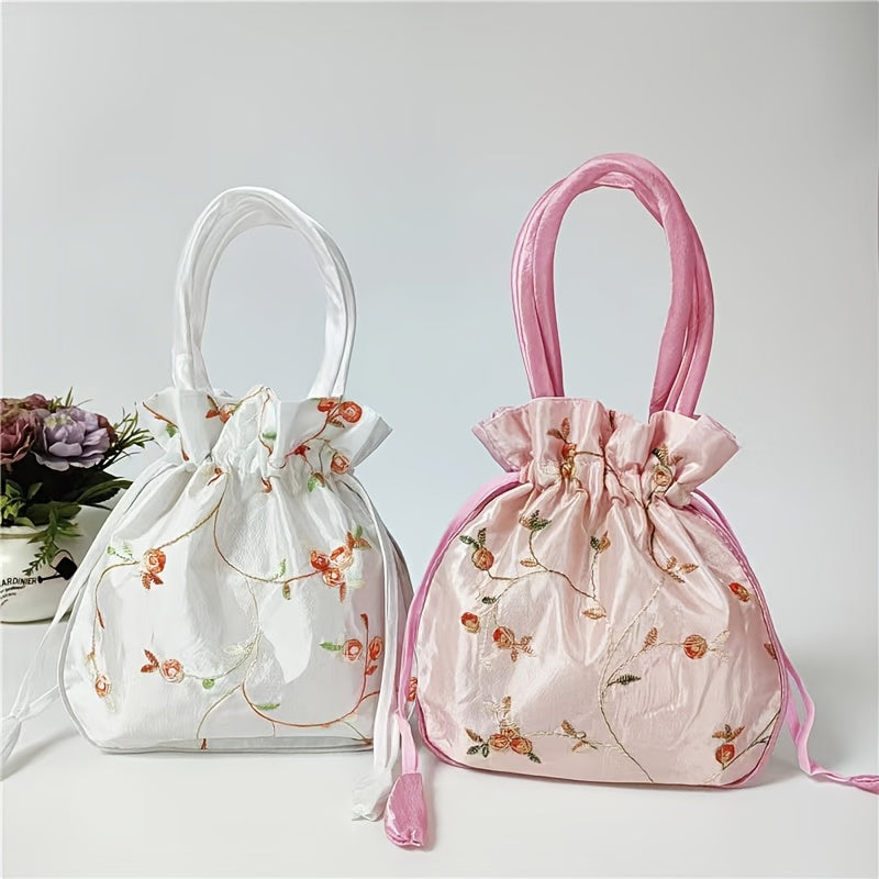 1pc Elegant Floral Clutch for Wo/Chic Drawstring Bucket Bag/Polyester Lining/Perfect for Coins & Phone/White & Pink/Cute Purse